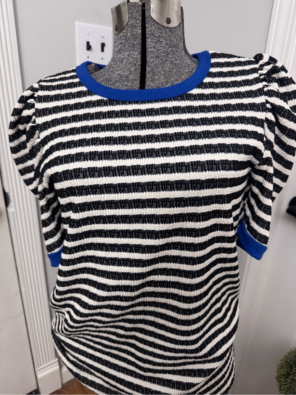 Women’s Heimish Black & White Striped Short Puff Sleeve Top with Blue Trim MD